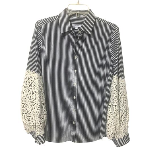 Chico's Poplin Stripe Crochet Puff Sleeve Button Front Shirt Top Blouse sz 10 US - Picture 6 of 10
